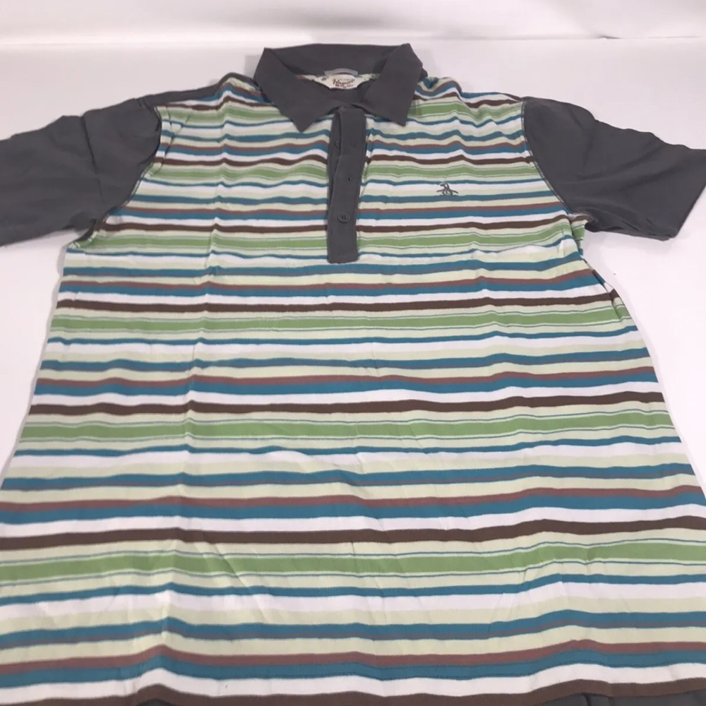 Original Penguin Heritage Slim Fit Striped S/S Polo Shirt Mens Sz L Green Grey